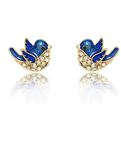 Diy Blue Copper Zircon Enamel Little Bird Stud Earrings