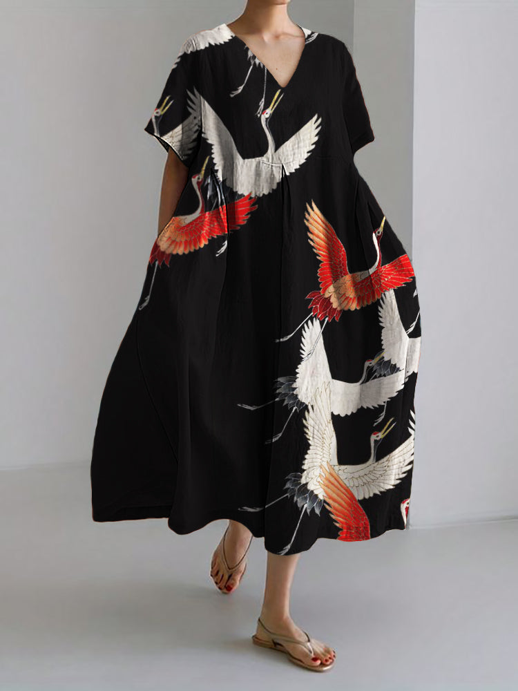 Classy Cranes Japanese Art Linen Blend Maxi Dress