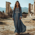 Retro Contrast Color Greek Key Small V Neck Linen Blend Maxi Dress artswardrobe
