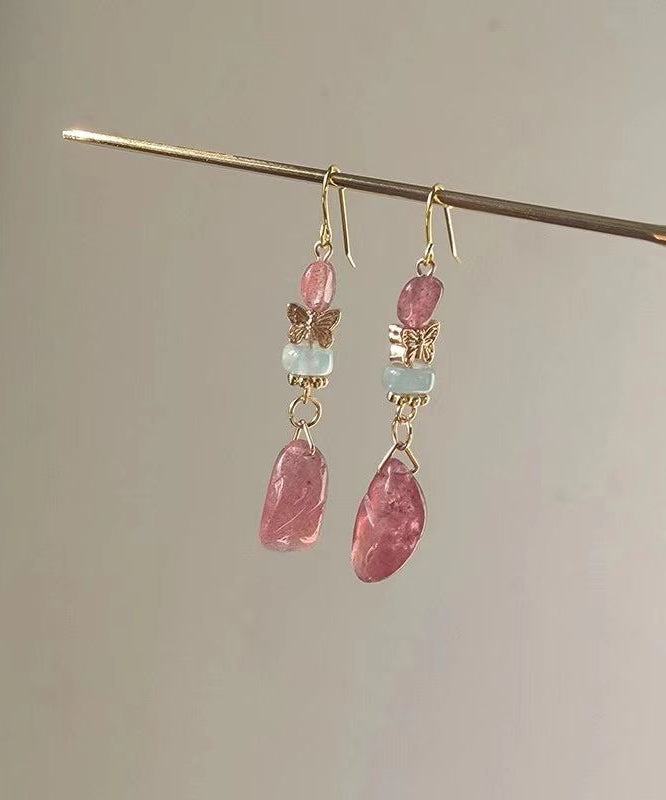 Pink Sterling Silver Overgild Crystal Butterfly Drop Earrings