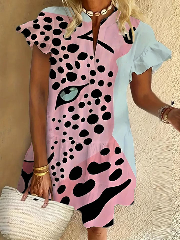 Pink cheetah ruffle short-sleeved V-neck button dress holiday beach dress