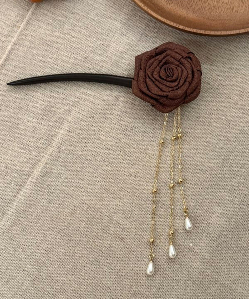 Fine Coffee Wooden Pearl Rose Tassel Hairpin