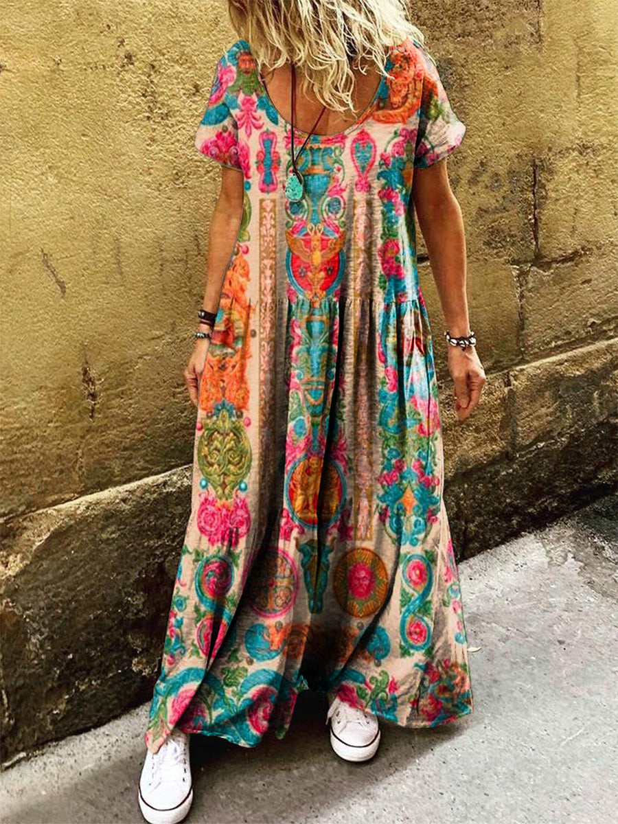 Women's Vintage Bohemian Art Print Pocket Short Sleeve Cotton Dress