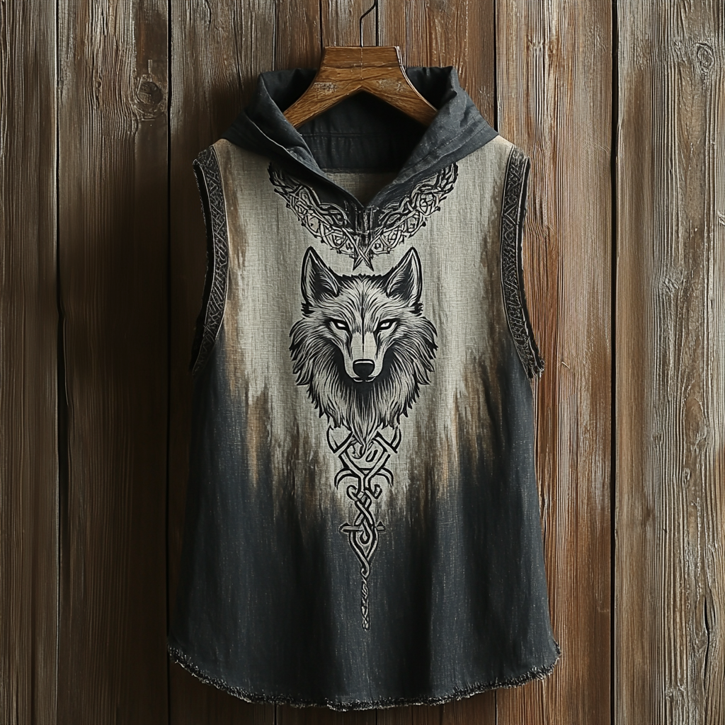 Men's Viking Wolf Head Celtic Mythology Hooded Tank Top artswardrobe