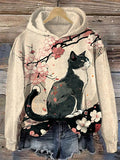 Japanese Art Style Floral Cat Print Casual Hoodie elevenforest