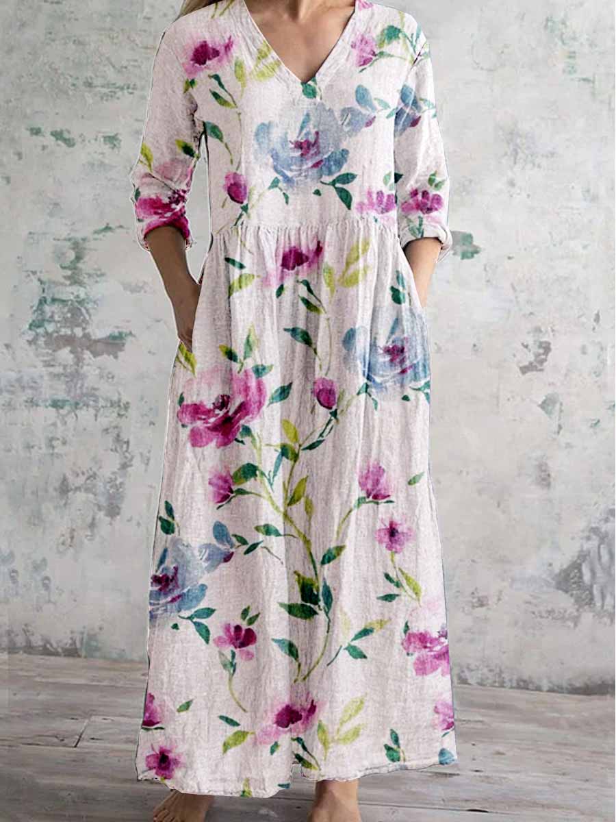 Women's V-Neck Watercolor Rose Floral Pattern Cotton And Linen Dress