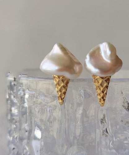 Gold Sterling Silver Pearl Ice Cream Stud Earrings