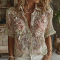 Comstylish Women's Retro Floral Pattern Casual Short Sleeve Shirt