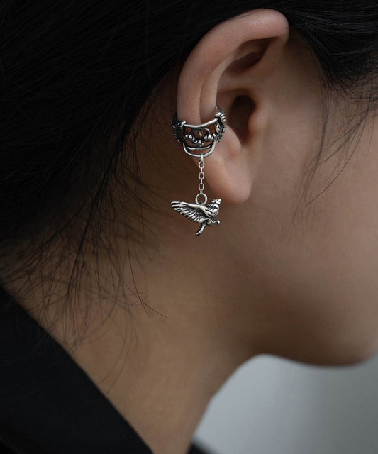 Retro Silk Sterling Silver Flying Bird Hollow Out Tassel Single One Drop Earrings