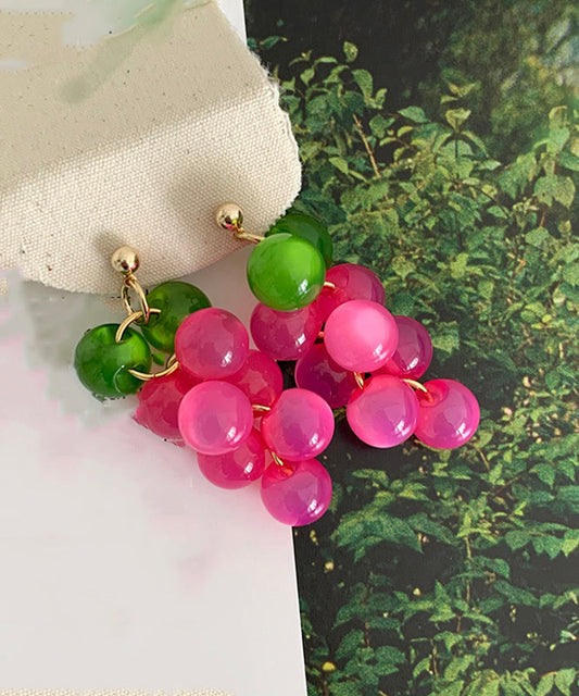Pink Copper Alloy Cat's Eye Stone Resin Grape Drop Earrings