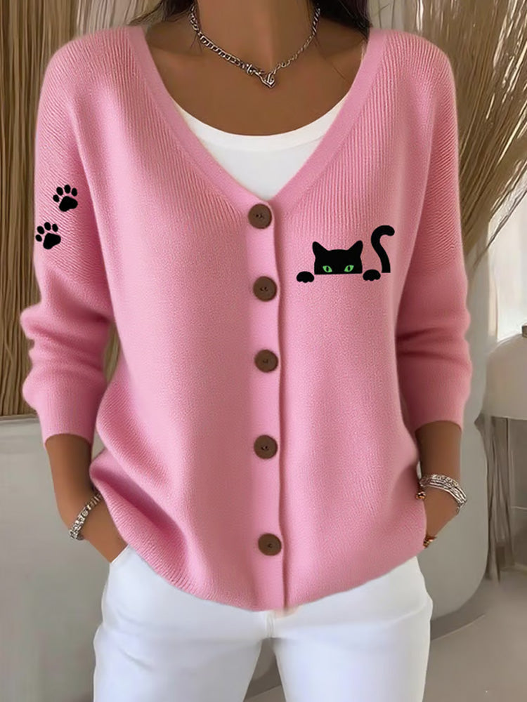 Women's Cute Cat Print Casual Knitted Cardigan elevenforest