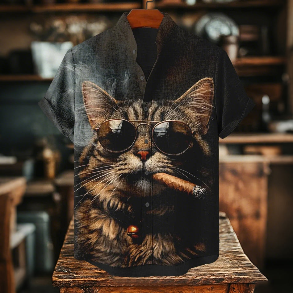 Men's Cool Sunglasses Cat Boss Smoking A Cigar Art Print Casual Shirt elevenforest