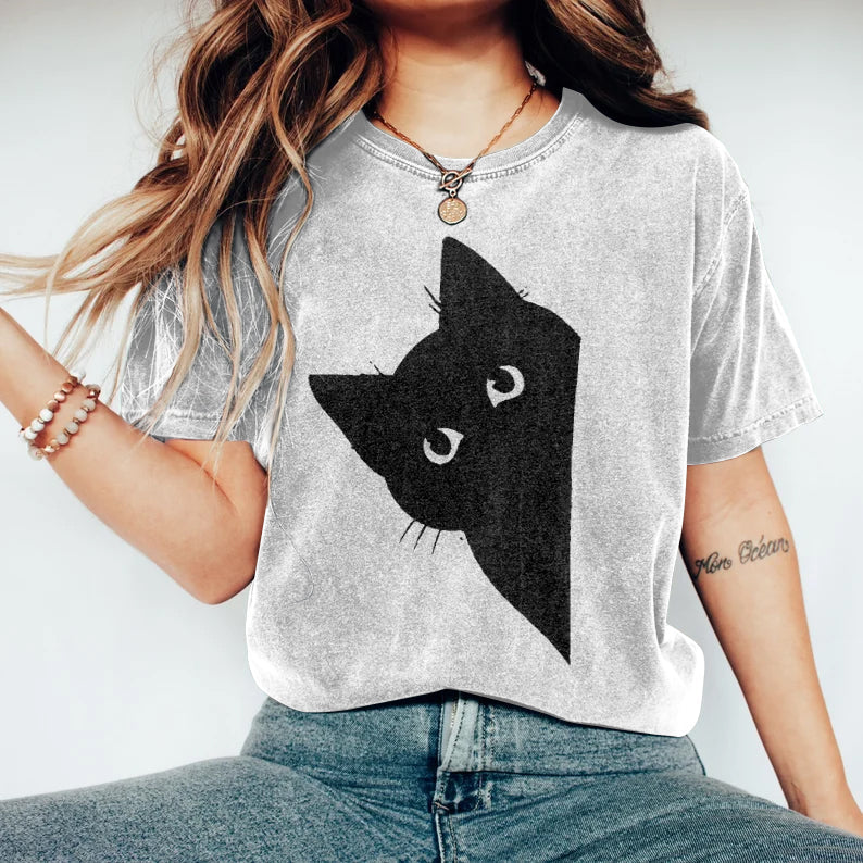 Women's Peek-A-Boo Hiding Black Cat Printed T-Shirt elevenforest