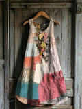 Women's Vintage Tribal Floral Patch Cotton And Linen Dress artswardrobe