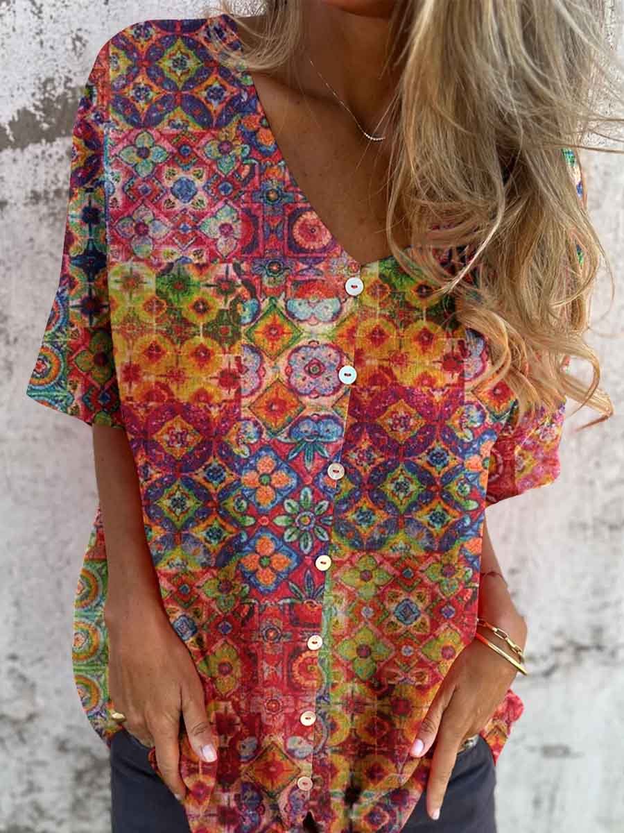 Women's Art Vintage Kantha Geometric Print Floral Shirt Style Cotton and Linen Top