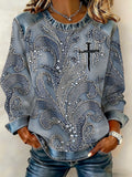 Comstylish Women's Casual Cross Print Long Sleeve Sweatshirt
