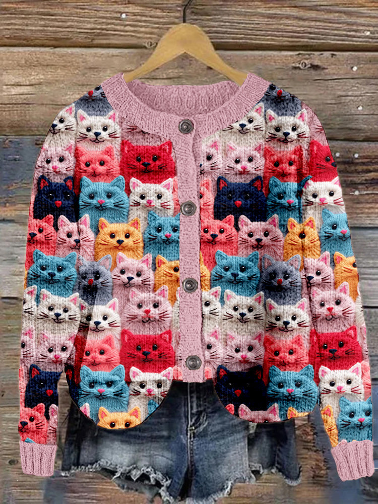 Colorful Cute Cats Embroidered Crew Neck Cozy Cardigan elevenforest