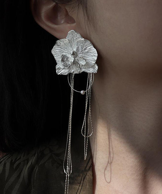 Silk Alloy Moth Orchid Tassel Drop Earrings