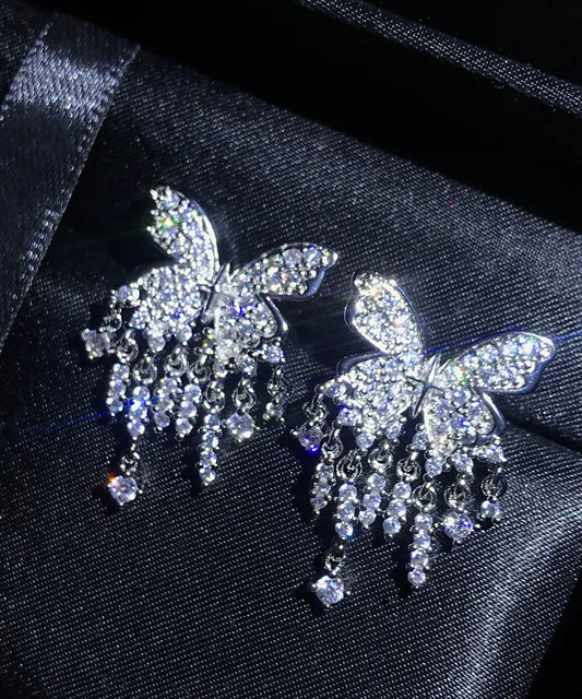 Silk Sterling Silver Alloy Inlaid Zircon Butterfly Tassel Drop Earrings