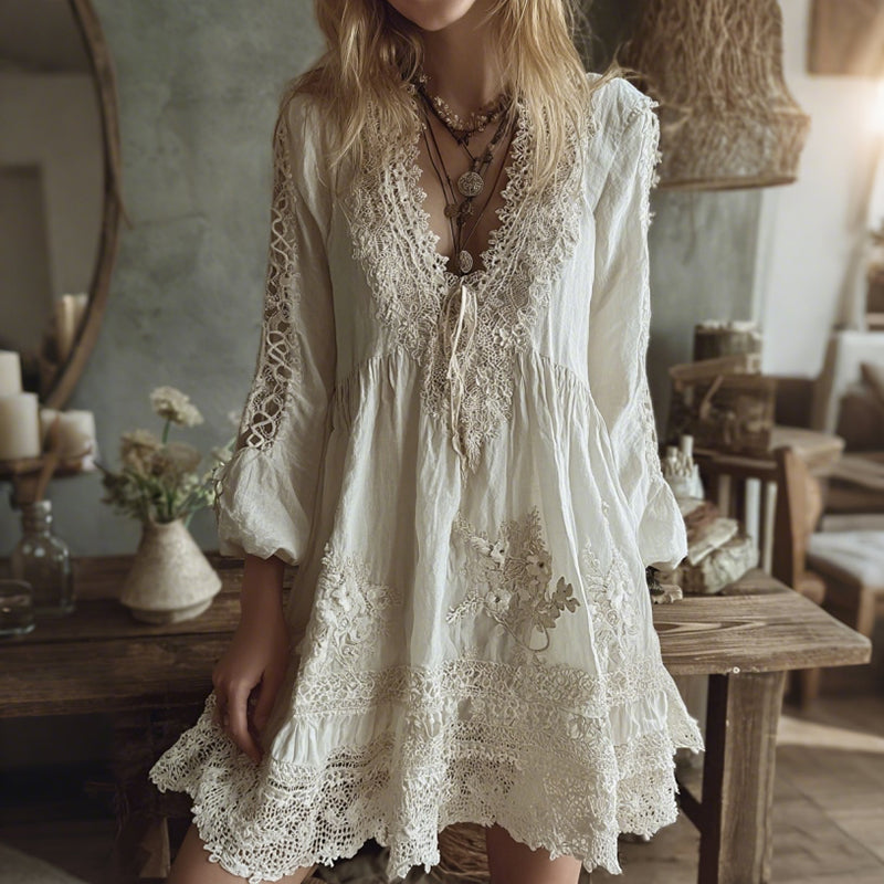 Women's Vintage Lace Floral Art Linen Midi Dress elevenforest