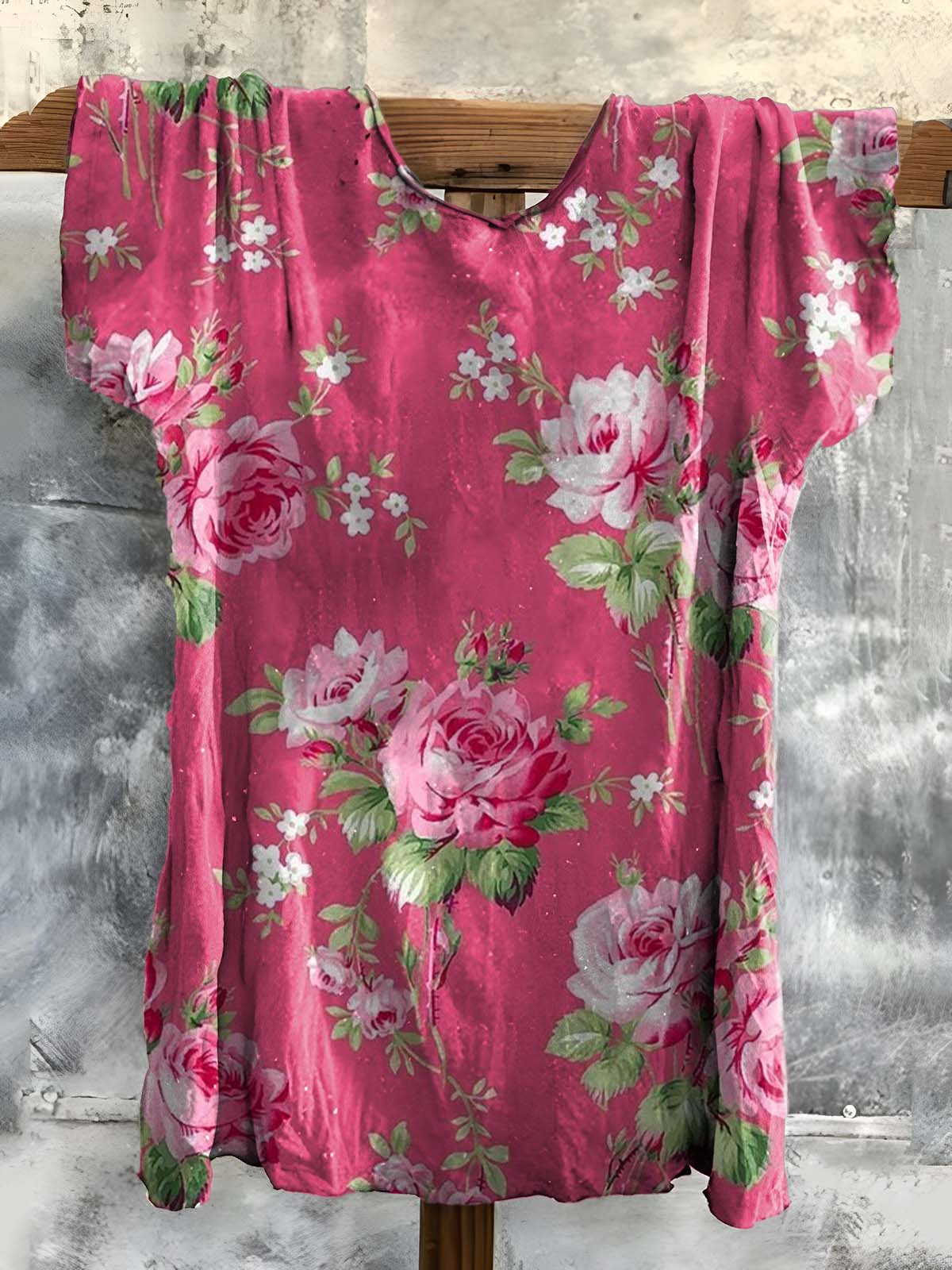 Floral Art Print Cotton Crew Neck T-Shirt