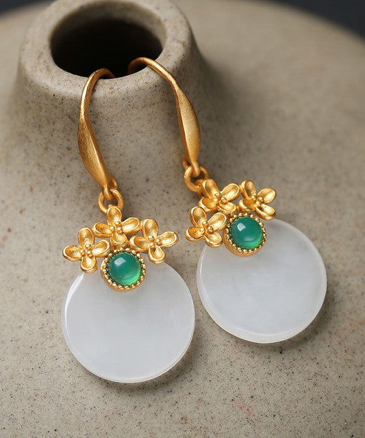 Art White Sterling Silver Overgild Inlaid Jade Drop Earrings
