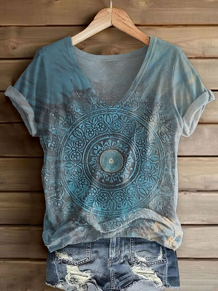 Women's Vintage Ethnic Mandala Art Pattern Print V-neck Casual T-Shirt
