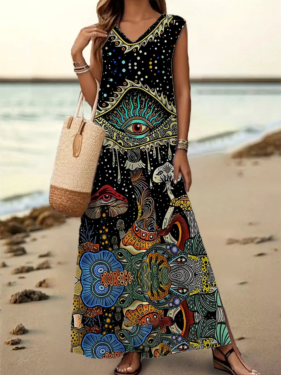 Women's Eye Mushroom Art Print V-Neck Sleeveless Cotton Pocket Dress