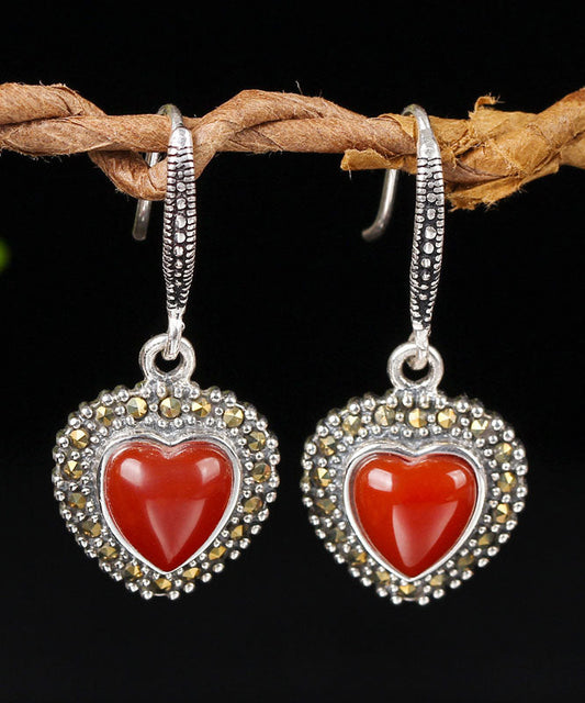 Retro Red Sterling Silver Agate Zircon Love Drop Earrings