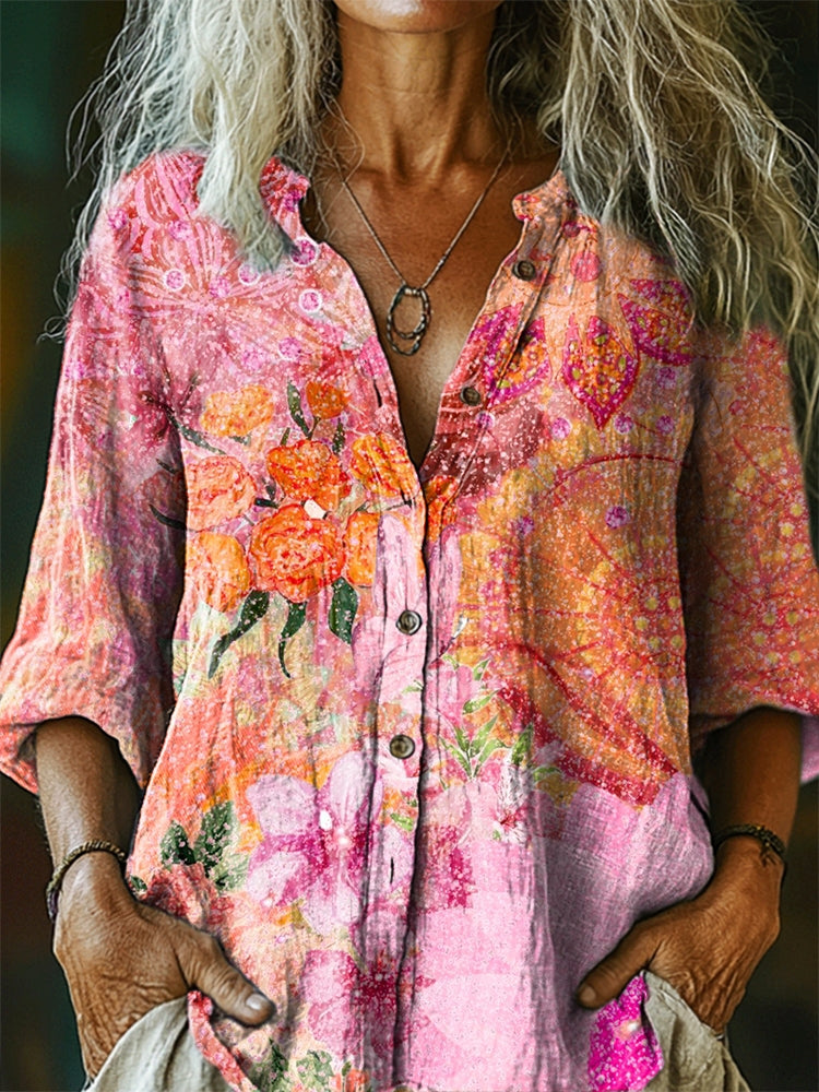 Women's Floral Pattern Art Print Casual Cotton Linen Shirt