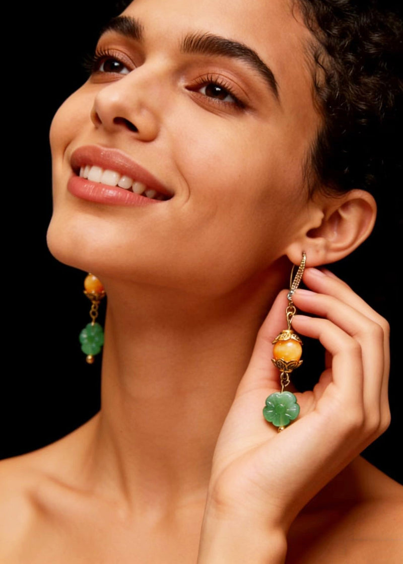 Art Green Lotus Flower Jade Connect Beeswax Drop Earrings