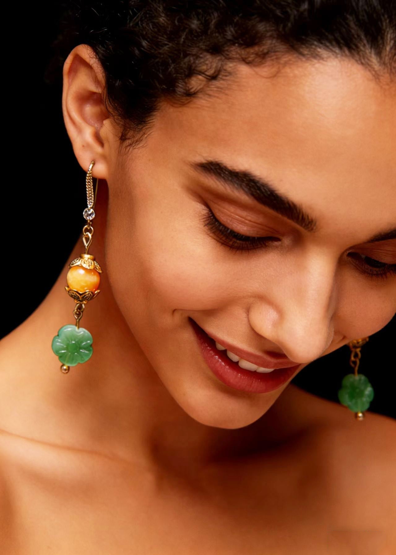 Art Green Lotus Flower Jade Connect Beeswax Drop Earrings