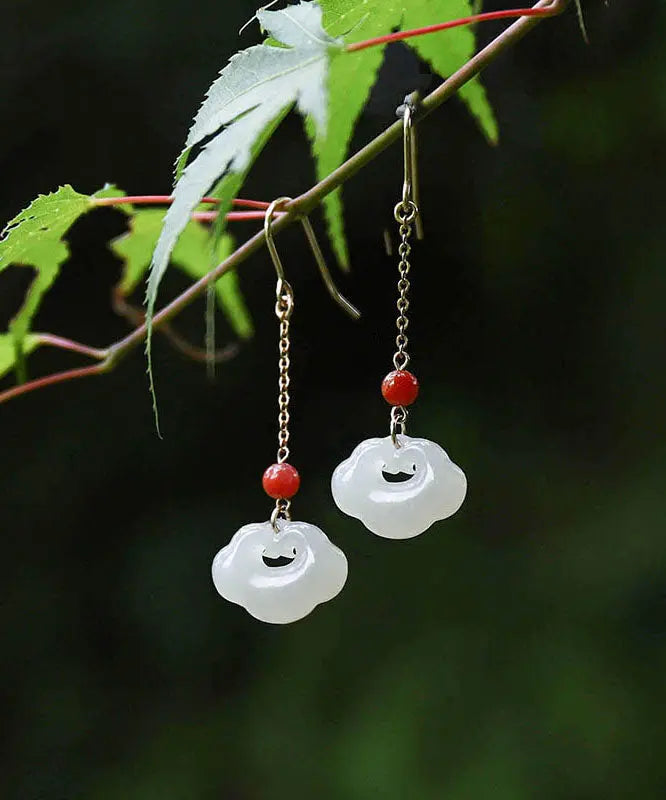 White 18k Gold Jade Ruyi Agate Drop Earrings