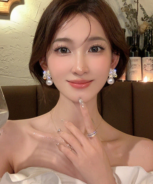 Beige Copper Overgild Zircon Pearl Snowflake Stud Earrings