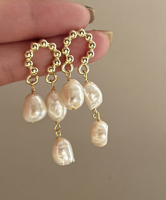 Beige Sterling Alloy Silver Pearl Tassel Drop Earrings