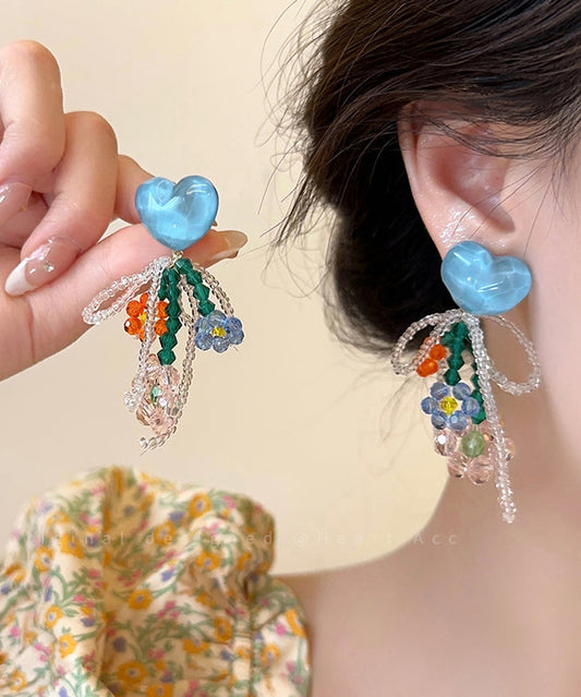 Blue Copper Crystal Beading Love Tassel Drop Earrings