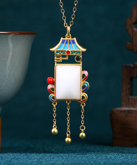 Blue Copper Overgild Jade Agate Pagoda Tassel Pendant Necklace Kx1065