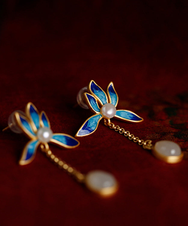 Blue Lotus Inlaid Jade Drop Earrings