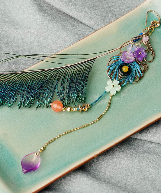 Blue Peacock Feather Crystal Pearl Tassel Drop Earrings