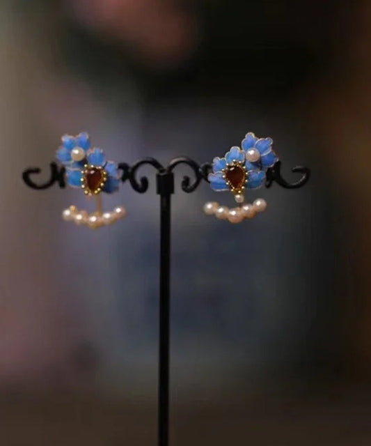 Blue Sterling Silver Overgild Gem Stone Pearl Enameling Tassel Stud Earrings