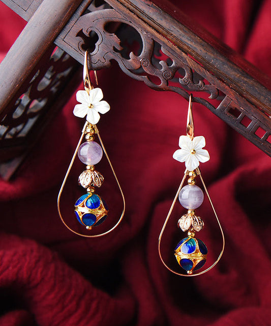 Colorblock Shellfish Flower 14k Gold Drop Earrings