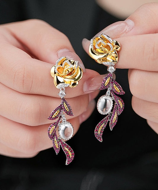 Colorblock Sterling Silver Overgild Zircon Jade Drop Earrings