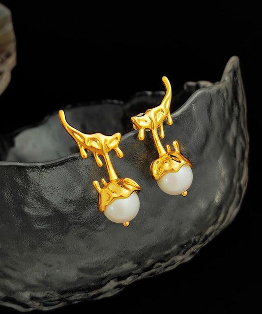Gold Copper Overgild Glass Pearl Stud Earrings