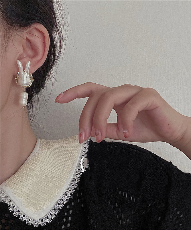 Gold Sterling Silver Alloy Pearl Rabbit Drop Earrings