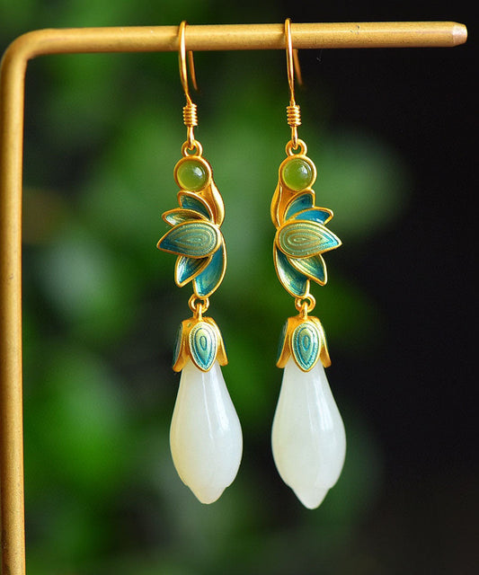 Gold Sterling Silver Inlaid Jade Orchid Enamel Drop Earrings