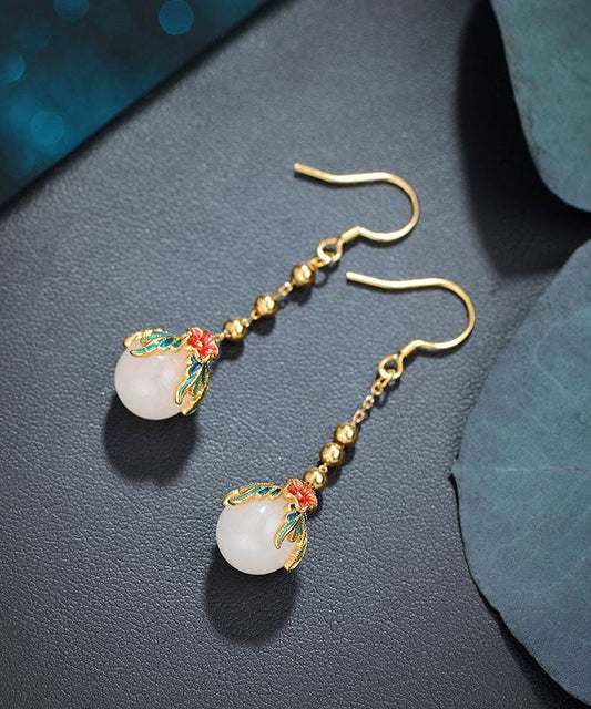Gold Sterling Silver Jade Enamel Drop Earrings
