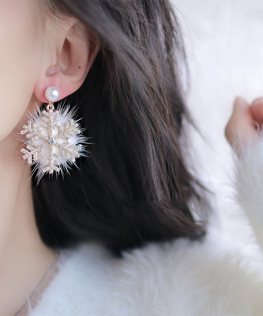Gold Sterling Silver Mink Velvet Snowflake Drop Earrings