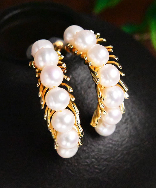 Gold Sterling Silver Overgild Pearl Hoop Earrings