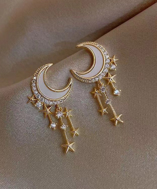 Gold Sterling Silver Overgild Zircon Moon Star Drop Earrings