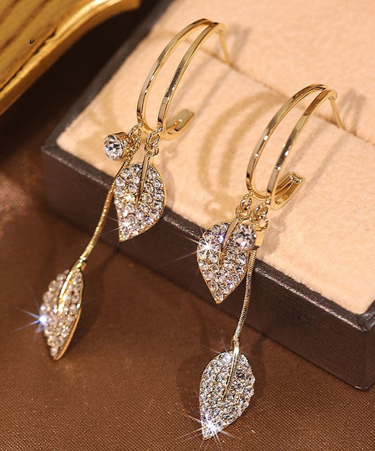 Gold Sterling Silver Zircon Leaf Drop Earrings